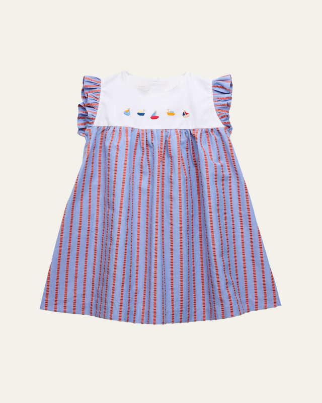 Girl's Striped Embroidered Dress, Size 24M-8